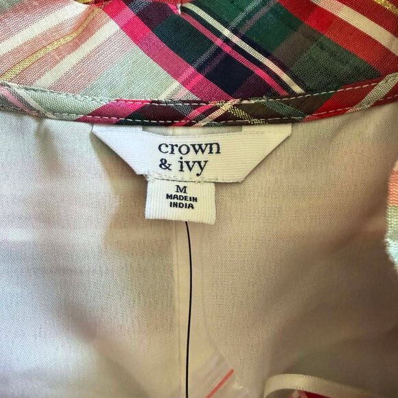 Crown & Ivy Plaid Ruffle Stand Up Ruffled Collar Blouse Top NWT - Picture 6 of 7